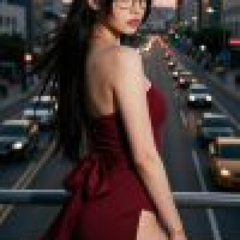 Red Temptation，A girl is wearing a red dress and standing in front of a road.