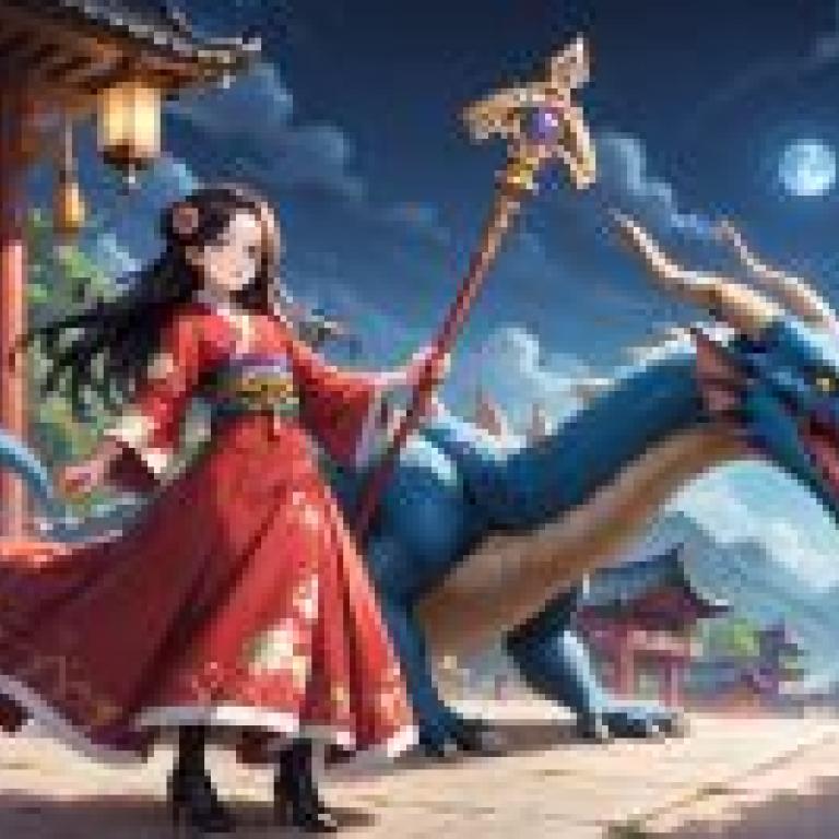 dragon girl，一條藍龍站在女孩面前。