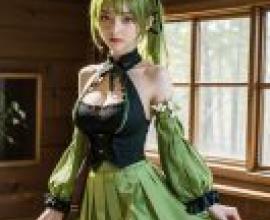 Rena Wind Sneaker Grand Archer ELSWORDGirl 穿著綠色連身裙，飾有黑色滾邊。