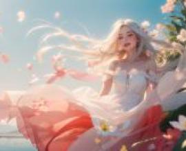 Flower GoddessA blonde woman in a dress is near flowers.