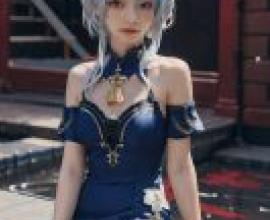 Ganyu，Genshin Impact，Blue haired anime girl sitting on step.