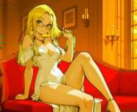 The mistress with a secret，Woman sitting on couch with blonde hair.