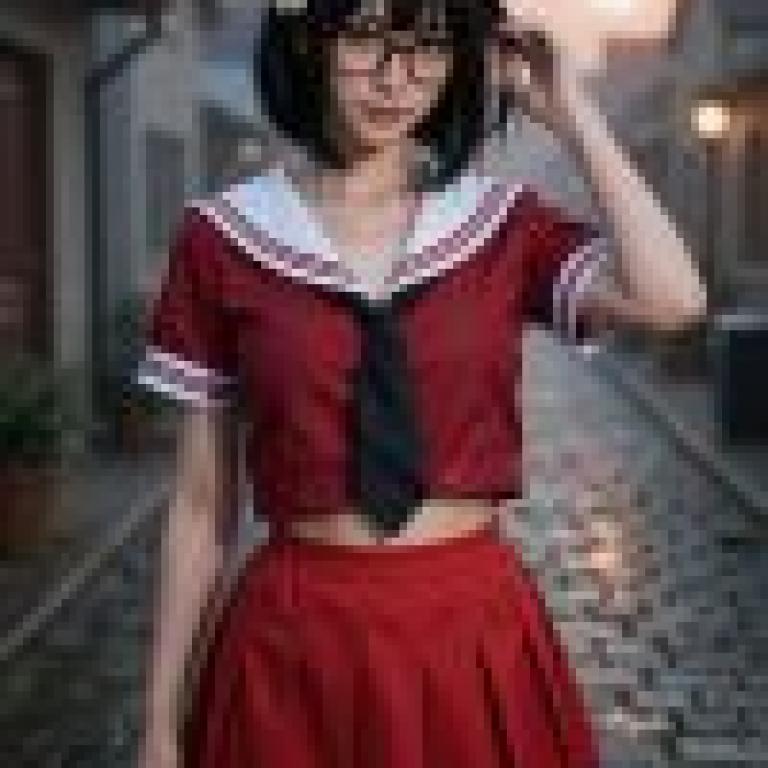 Red Temptation，A girl in a red school uniform with the collar up.