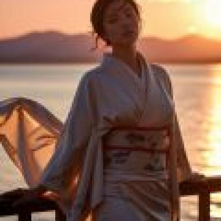 The final farewell under the setting sun，A woman in a kimono.