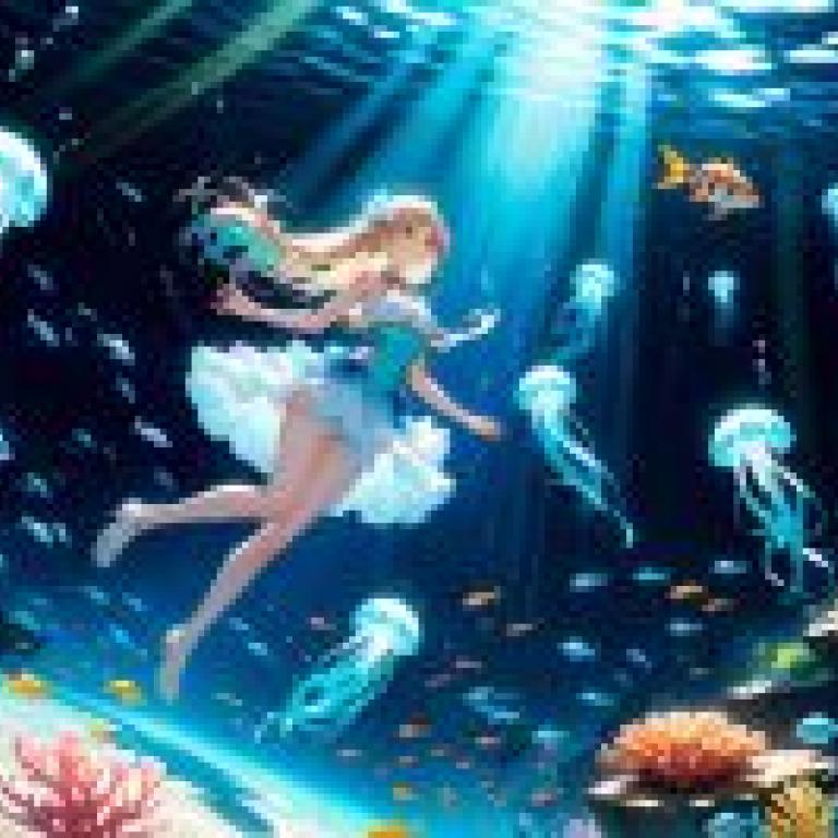 An underwater sceneA girl with blue hair is diving underwater.