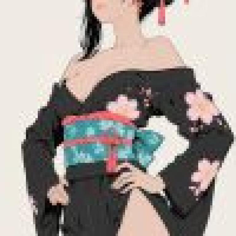 和服，身穿黑色洋裝、點綴著紅白花朵的亞洲女性插畫。
