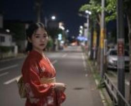 身穿和服的女子，夜晚站在人行道上，穿著紅色洋裝。