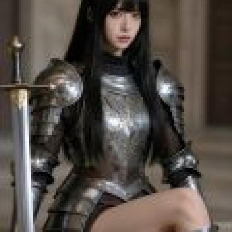復興公主，一位身著全套盔甲的少女坐著。