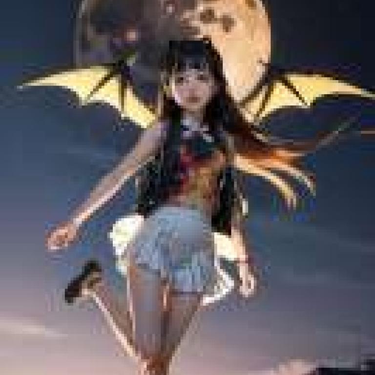 Ooba Juri Magia Record Quebick，一個長著翅膀、打扮成蝙蝠女俠的女孩站在月亮前。