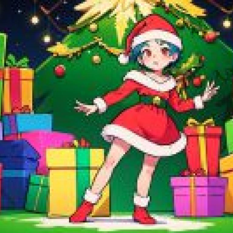 彩色照片，聖誕節時，一個女孩站在舞台上，面前擺放著繫著蝴蝶結的禮物。