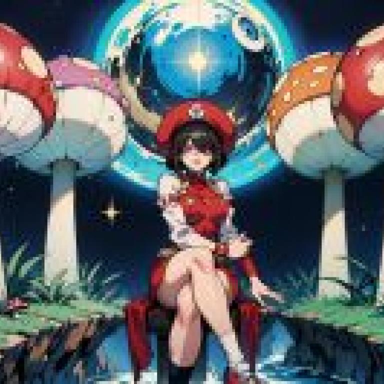 Mushroom Fantasy，Girl with a red cap sitting on rocks with mushrooms in the background.