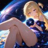 Mother of the Planet，A girl holding up a blue ball with stars and the earth visible