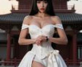 美女，一位身穿白色洋裝、鞠躬的女子站在建築物前。