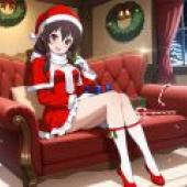 Christmas alone time，A young girl with a Santa hat sits on the arm 