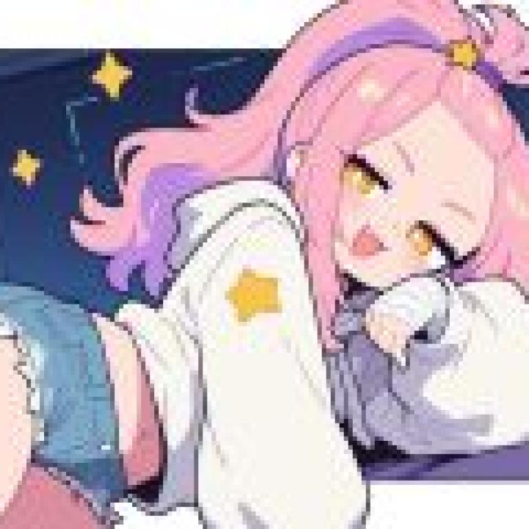 Pinch face girl，A girl with pink hair and purple shirt is laying down.