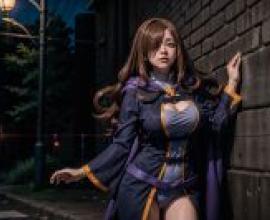 Wiz KonoSuba RavenAeyeGirl in purple cape standing on street.