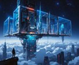 一張展現未來主義閃耀景象的畫面：一座未來主義的城市景觀，一個人站在一座漂浮的建築物旁。