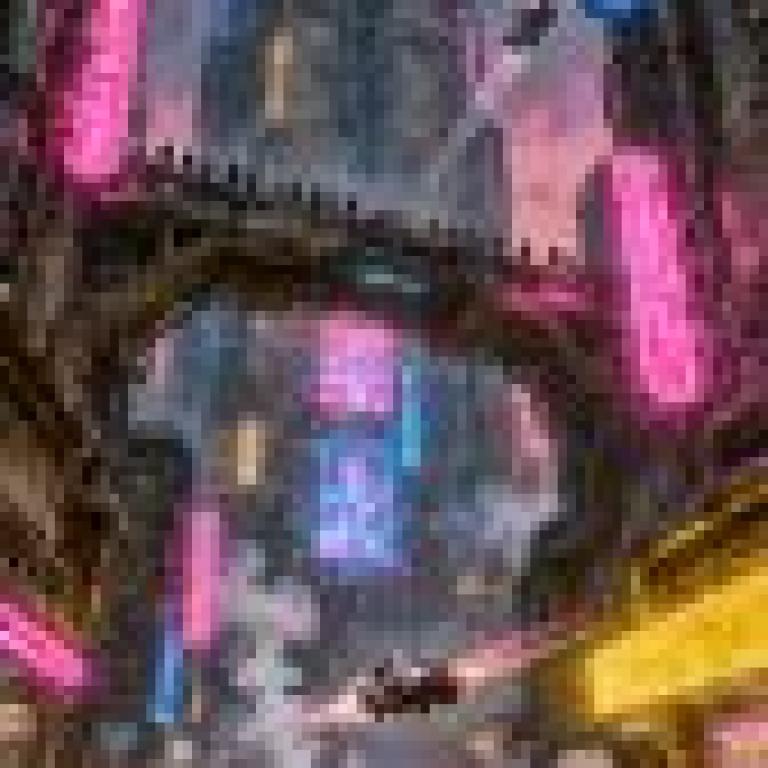Fantasy Dream，A neon lit building at night with cars driving by on the street.