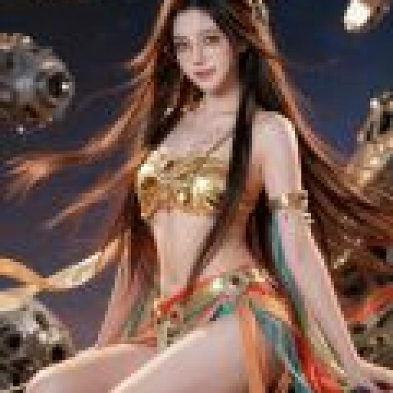 機械女神，一個女孩坐著，綁著長長的辮子，穿著比基尼、紗麗和頭帶。
