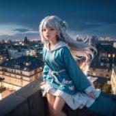 Live version， GAWR GURA， Shark Ji， Vtuber， Hololive Production Night City Xianji: Chizuko Yoshida Live Edition， Blue Skirt Night Overlooking City