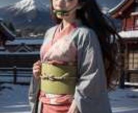 爐門祢豆子，鬼滅之刃，身著和服的女子，背景是山巒。