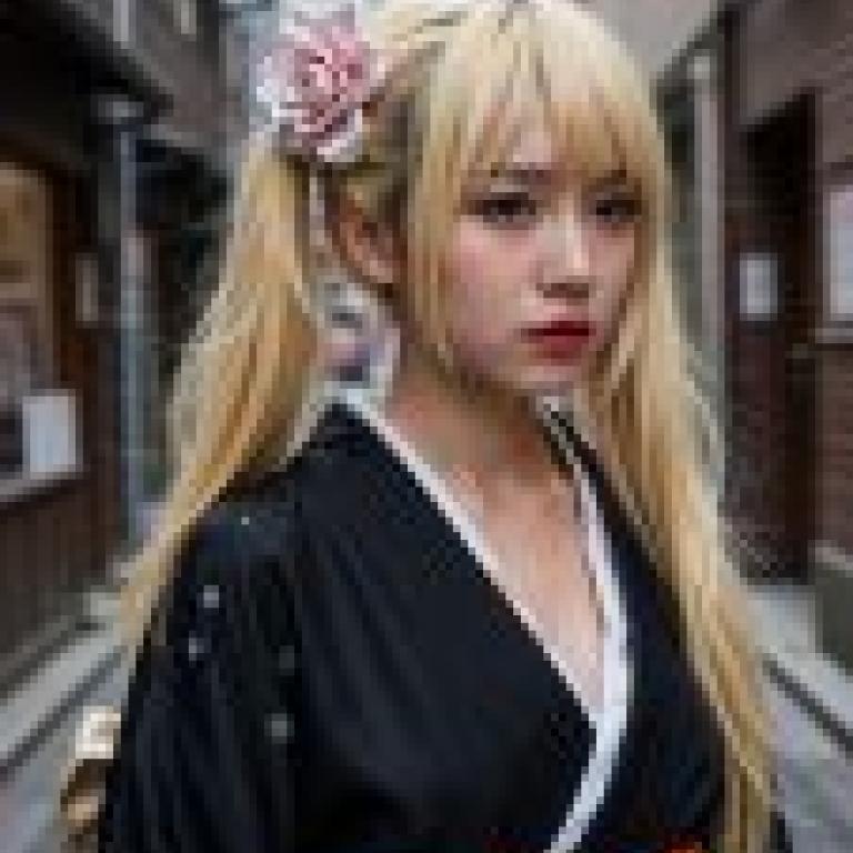 Street beauties，A woman with pink lipstick and blonde hair.