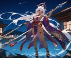 埃及風性感女神，夜空中，一位有著長長的白髮的少女。