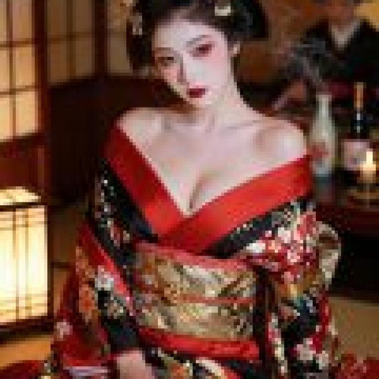身著和服的魅影，藝伎，嘴唇上繪著紅色花朵。