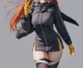 Orphie Magnusson Zenless Zone Zero，A woman with red hair is wearing a black and yellow outfit.