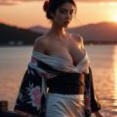 The final farewell under the setting sun，Asian woman in kimono with flowers on her hair.