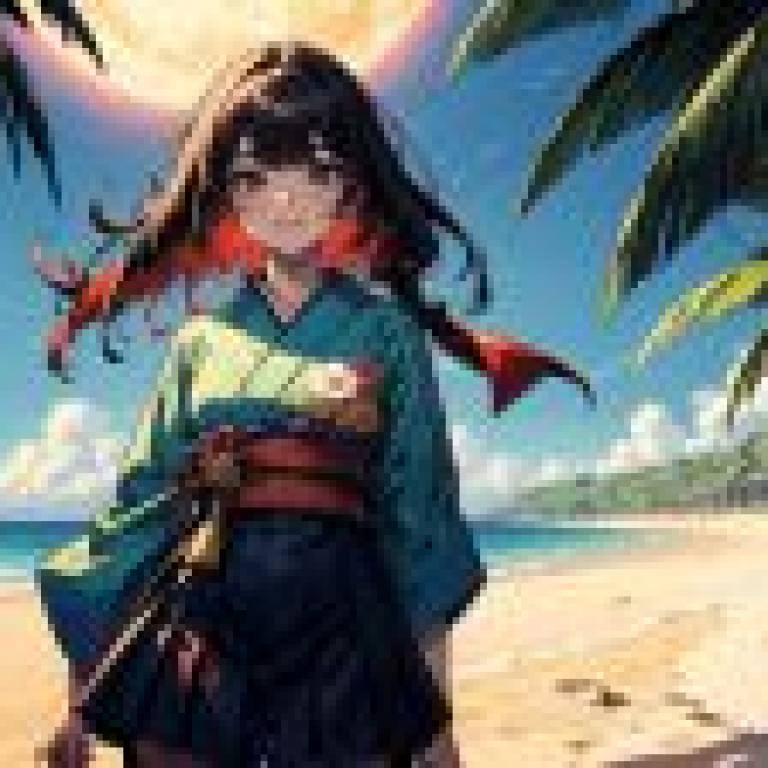 電腦桌布，南洋沙灘日本和服美女，動漫，海濱仙境：動漫女孩插畫