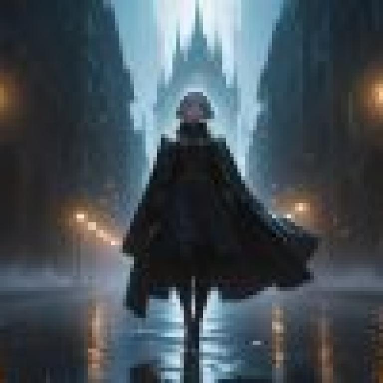 anime，A woman in a black cape with a hood on it.