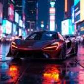 夜色中，一輛紅色跑車在街上行駛，車燈閃爍。