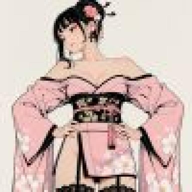 kimono，A girl is wearing a pink kimono with flower patterns.
