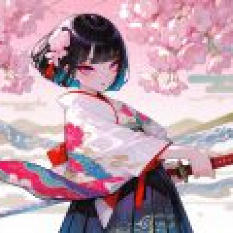 新年櫻花盛開，一位黑髮少女身穿和服，手持紅劍。