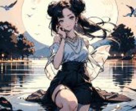 月下美人，一個女孩坐在水邊。