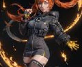 Orphie Magnusson Zenless Zone Zero，A woman with orange hair and an anime style is wearing black clothes.