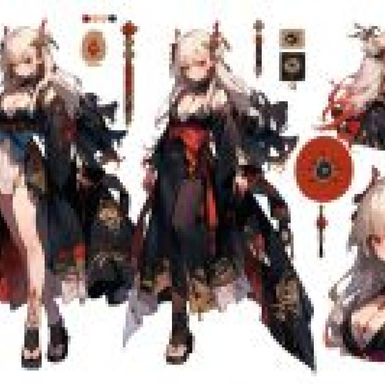 character design，Anime character illustration with various accessories and clothing.