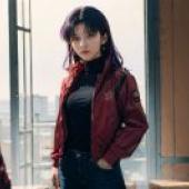 葛城美里，新世紀福音戰士，身穿紅色外套和黑色高領毛衣的女士站在門邊。