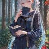 女孩們，一個穿著藍色洋裝的女孩正在看書。