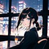 80年代漫畫女孩，綁著馬尾的女孩在窗邊喝酒。