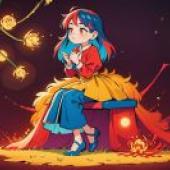 Polychrome，A young girl is perched on a toadstool.