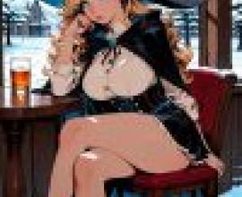 Meeting in a dream，A girl with long blonde hair sits on a chair by a table.