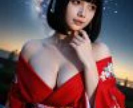 kimono，A woman wearing red dress under the starry night.