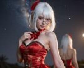 Waiting at the port，A woman wearing a red dress with glasses on her face.
