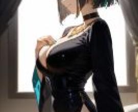 in room，一位身穿黑衣、戴著金色和藍色配件的女子坐在窗邊。