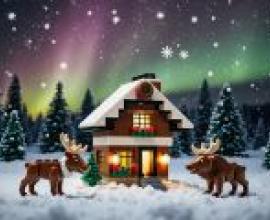 樂高風格的聖誕節，一個用樂高積木建造的聖誕小屋場景。