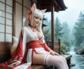 狐狸巫女，動漫中的一位女性角色坐在日本花園裡。