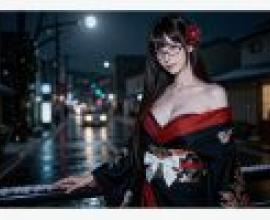 psychedelic，Asian model with red and black dress in the rain.