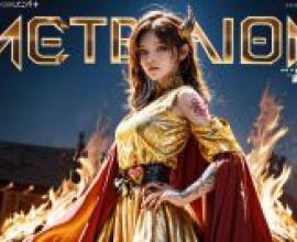 Ghost wolf，A woman in gold clothing standing next to a fire.